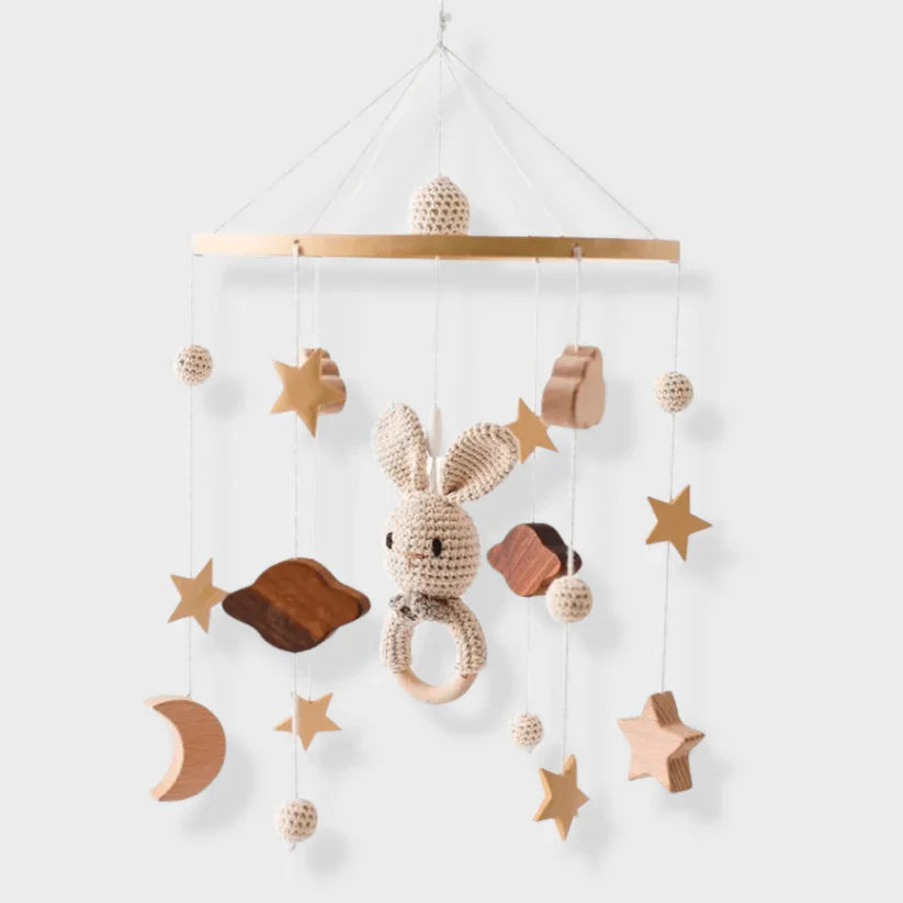 Rustgevende Houten Babymobiel Zonder Batterij – Natuurlijke Materialen & Zachte Kleuren | LittleNest SkyWhirl