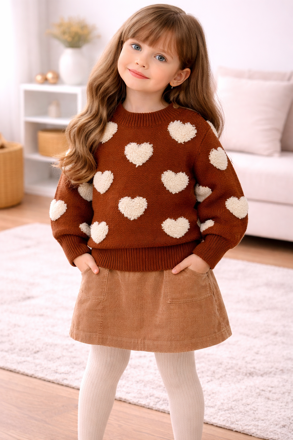 Kinder trui hartjes – gebreide baby trui roze/bruin