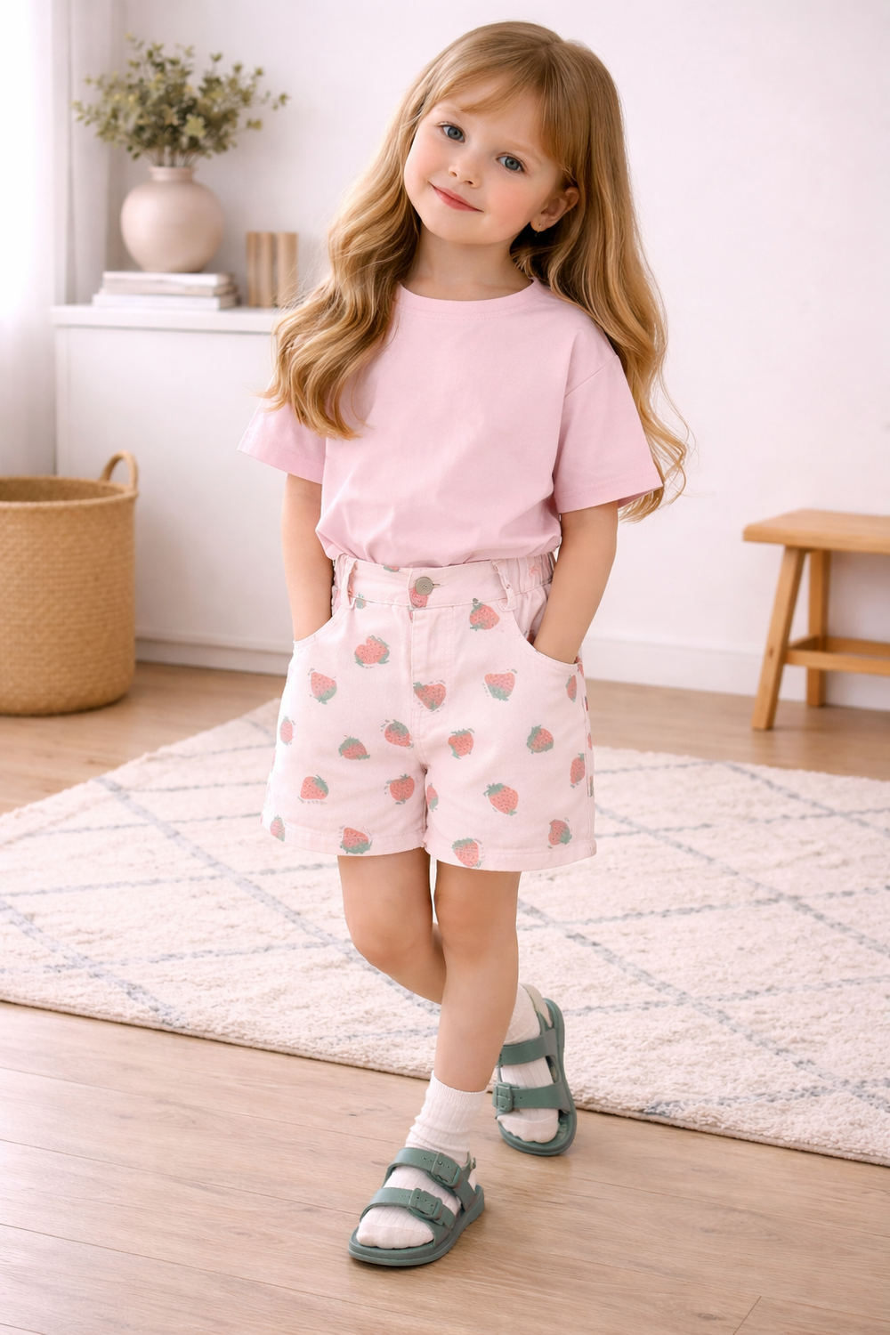 Korte broek meisje aardbeien print | Roze kinder short
