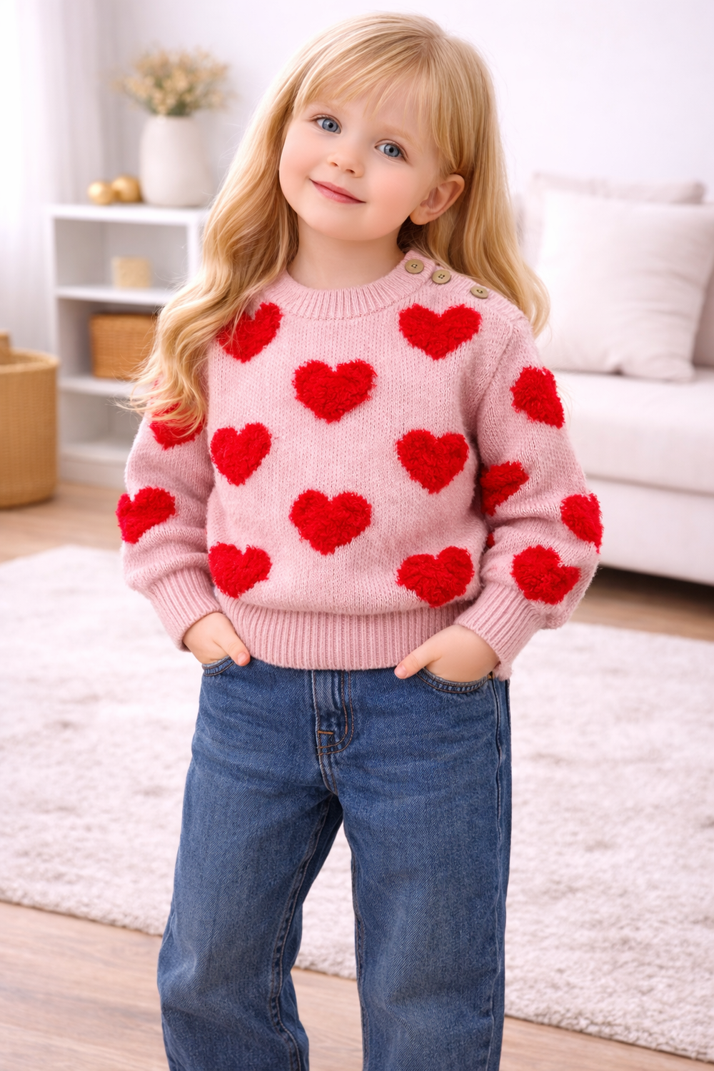 Kinder trui hartjes – gebreide baby trui roze/bruin