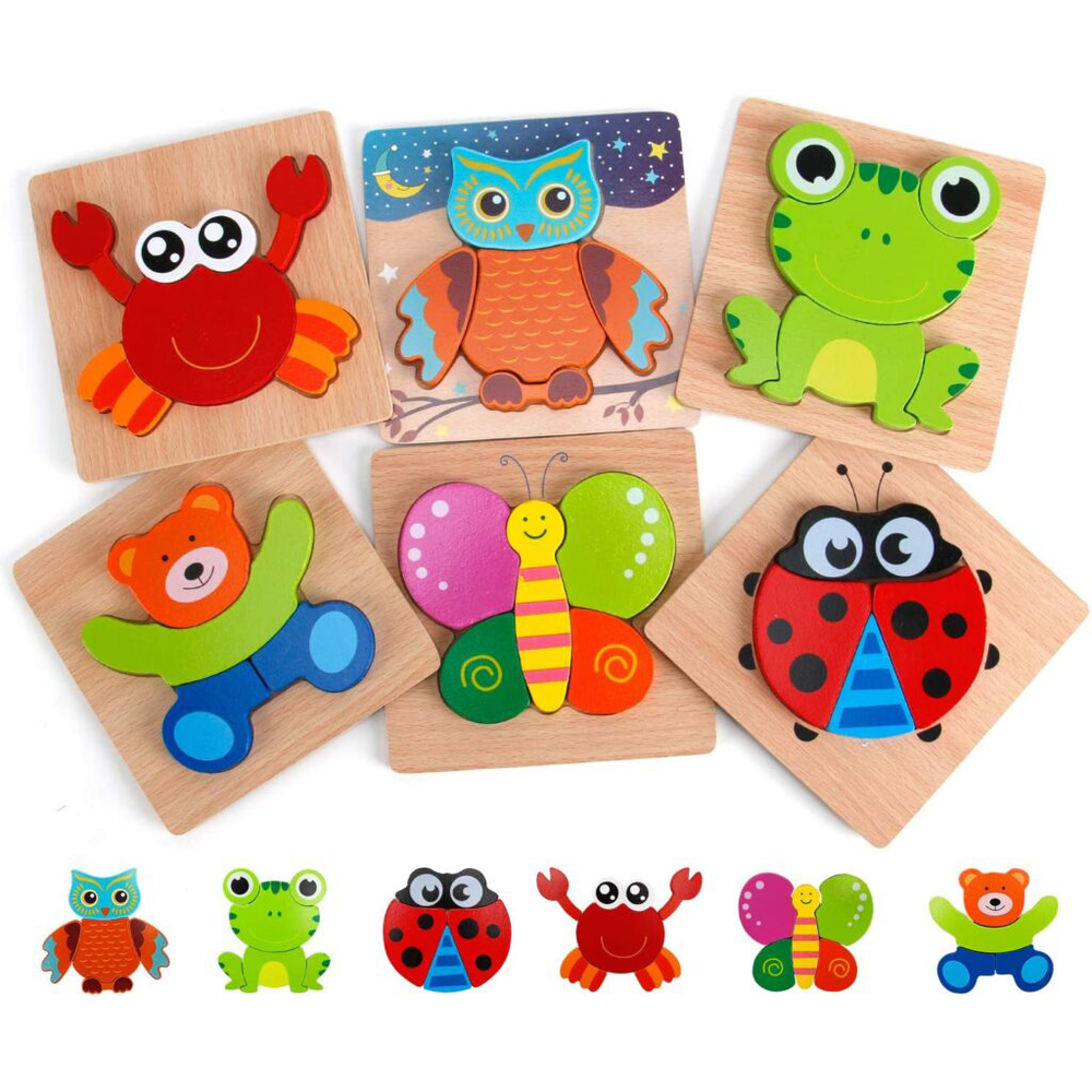 Houten Puzzelset voor Kinderen – 6 Duurzame Educatieve Puzzels voor Creativiteit & Motoriek (3+)