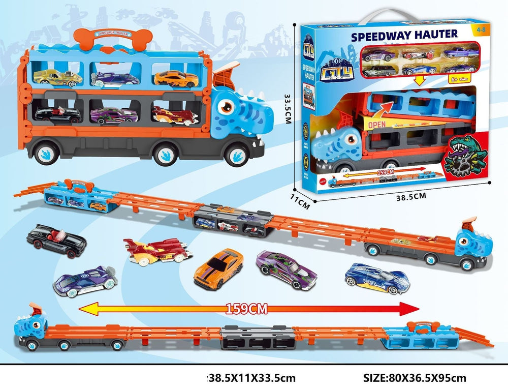 DinoRace Explorer – Speelgoedtruck met Uitschuifbare Racebaan en Mini-Auto's voor Kinderen 3+