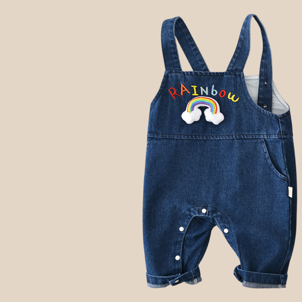 Tuinbroek met Regenboog - HappyHues Meisjes, Blauw, Katoen, Denim, Maat 0-3 Jaar