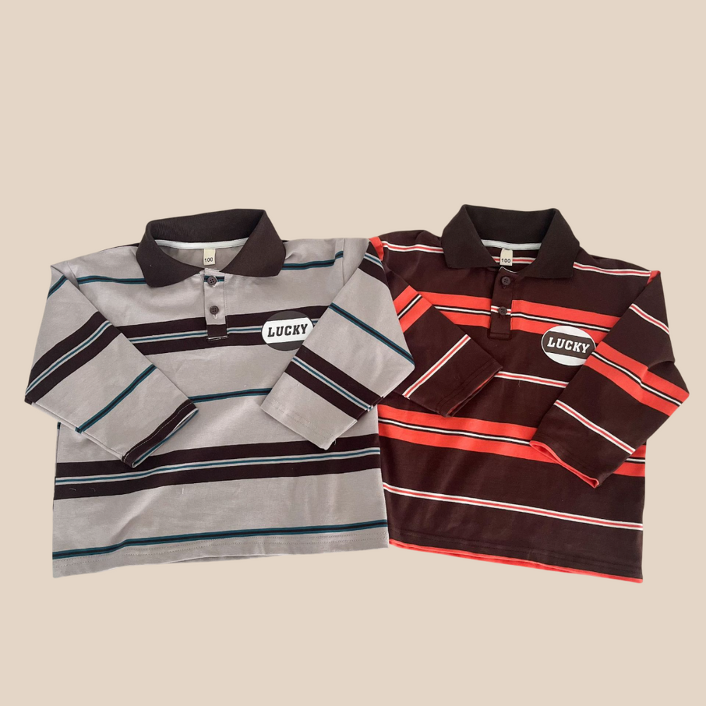 Polo met Strepen - LuckyStripe Unisex, Bruin/Grijs, Katoen, Maat 0-8 Jaar