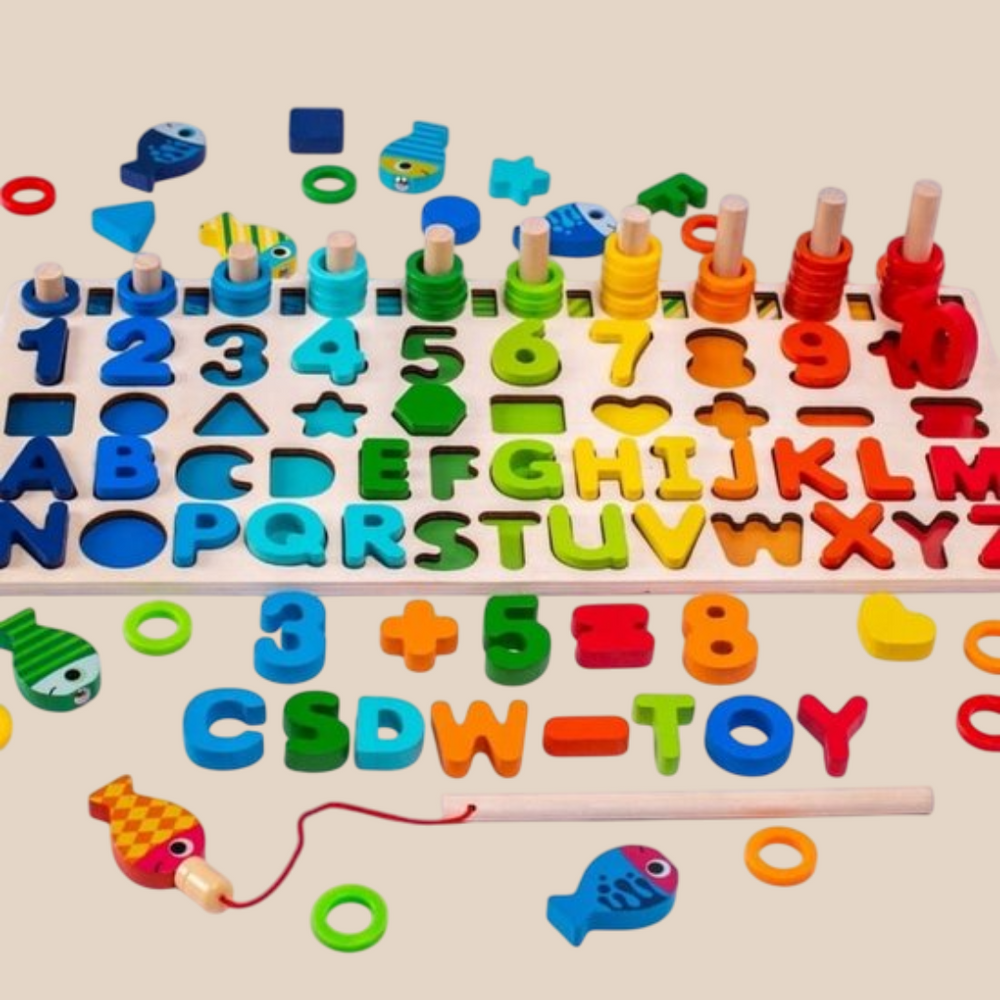 SpeelSlim Educatief Houten Speelbord - Letters, Cijfers & Vormen, Leerzaam Montessori Speelgoed, +1 Jaar