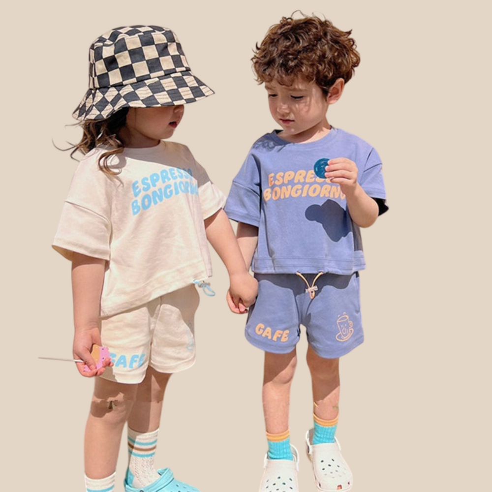 Zomerset korte broek met t-shirt - CaffèKids Unisex, Blauw/Beige, Katoen, Maat 0-6 Jaar