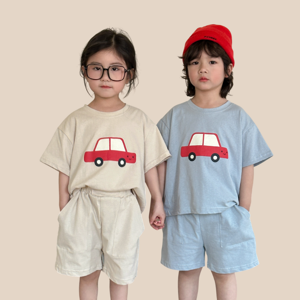T-shirt en Short Zomerset - VroomVibes Unisex, Blauw/Beige, Katoen, Maat 0-8 Jaar