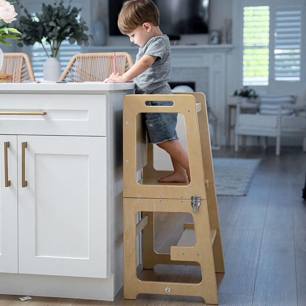 4-in-1 Peuter Leertoren & Tafel van Hout – Veilig, Meegroeiend & Multifunctioneel