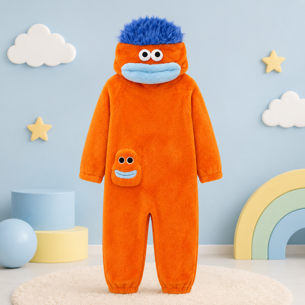 Kinder-onesie met monsterdesign en capuchon – zachte stof, ruime pasvorm | verkleedpak
