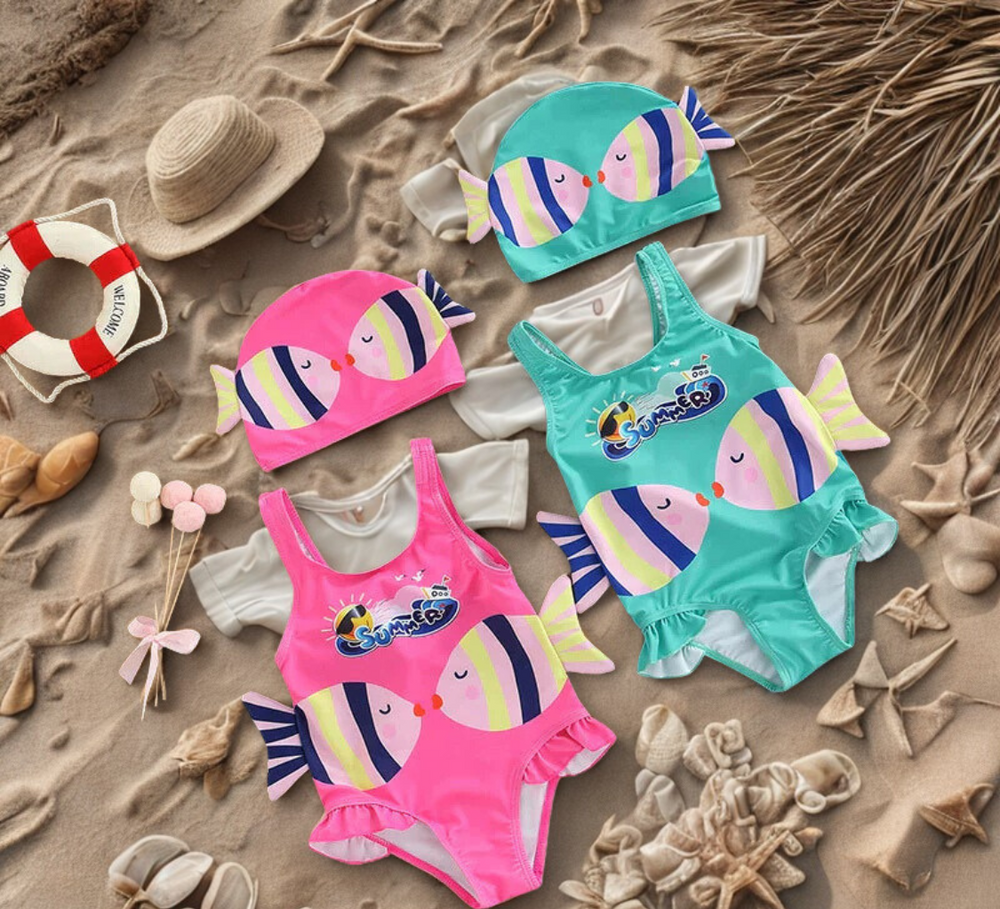 Zacht & Sneldrogend Meisjes Badpak met Zwemcap – Comfortabel & Speels Design | SunnySplash Zwemset 0-4 Jaar