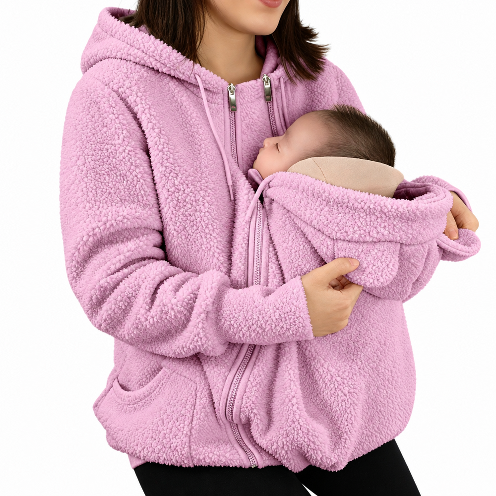 Draagjas 2-in-1 voor mama en baby – zachte fleece, capuchon, rits, zakken | babywearing hoodie