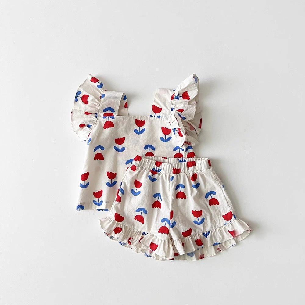 Lulu & Leaf Zomerset Meisje – 2-delige Katoenen Outfit met Ruches & Tulpenprint (0–5 Jaar)