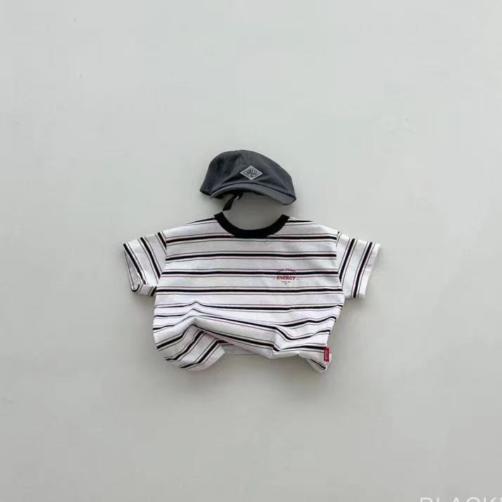 Mini Energy Baby T-shirt – Gestreept Katoen Shirt met Tekstprint | Uniseks | Maat 0–3 Jaar