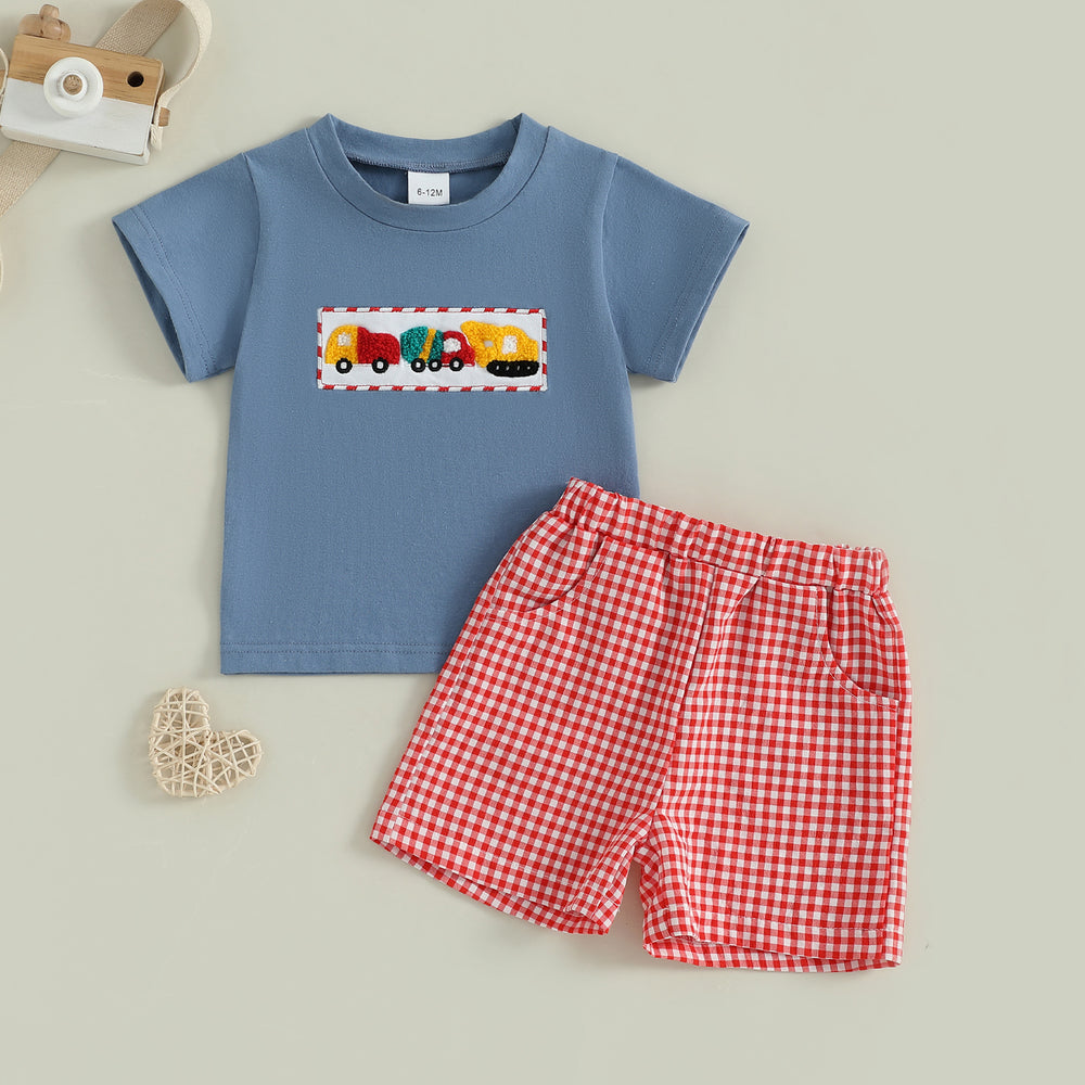 Checkered Truck Zomerset Jongens | T-shirt met Auto's & Ruitjes Short | 6mnd–4jr | Katoen & Polyester | Blauw & Rood