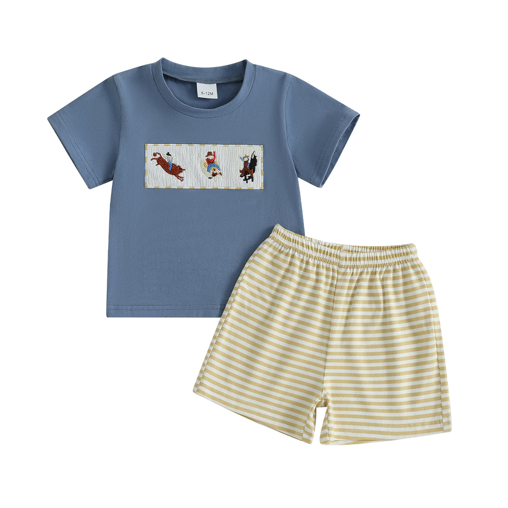 JungleJump Zomerset Jongens | T-shirt met Aapjes & Gestreepte Short | Katoen & Polyester | 6mnd–4jr | Blauw & Geel