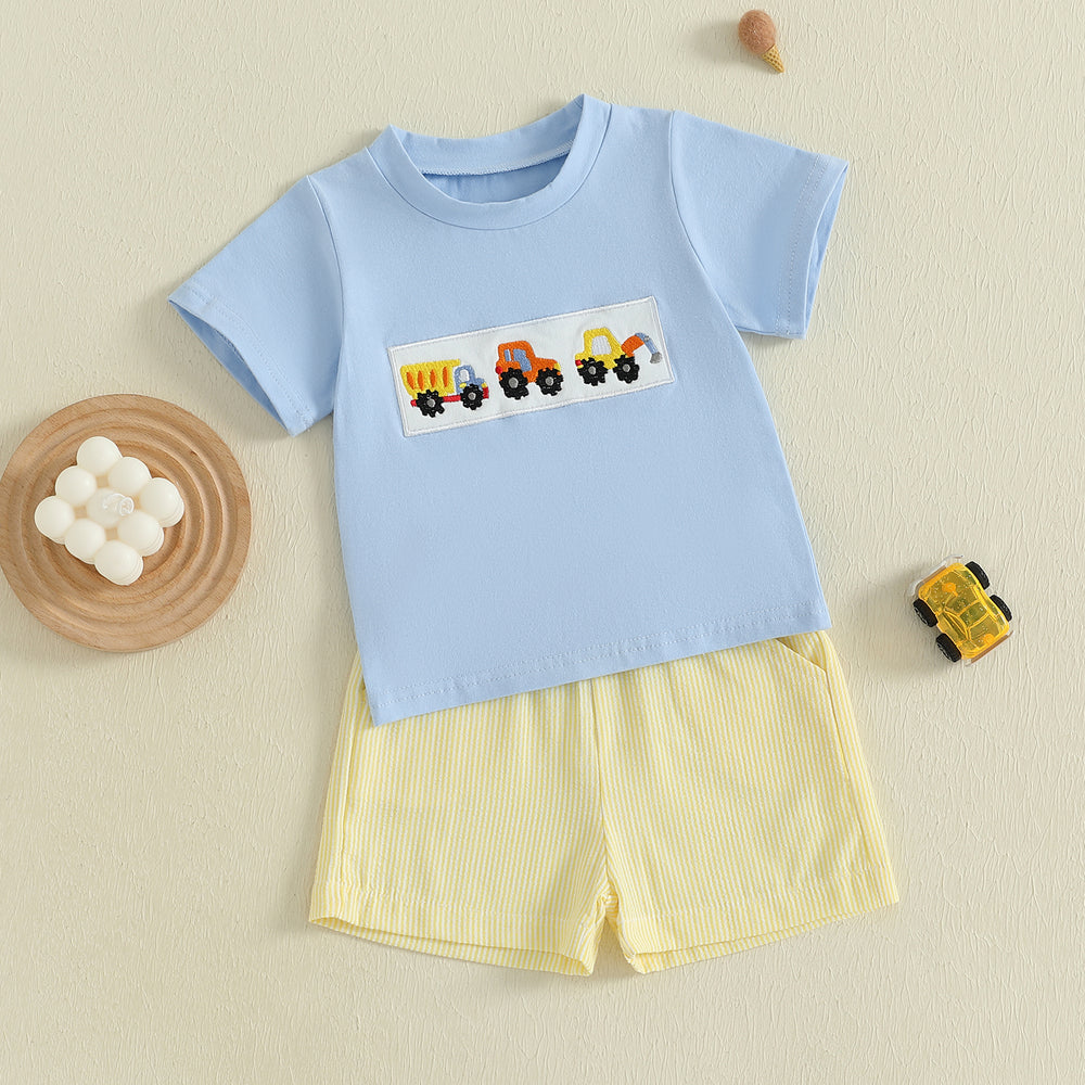 MiniMachines Zomerset Jongens | T-shirt met Bouwvoertuigen & Gestreepte Gele Short | Katoen & Polyester | 0–4 Jaar | Comfortabele Zomeroutfit