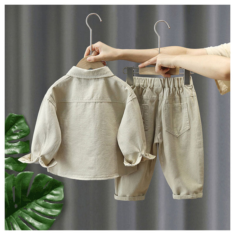 Set met Broek en Shirt - Little Explorer Unisex, Beige/Groen, Katoen, Maat 0-7 Jaar