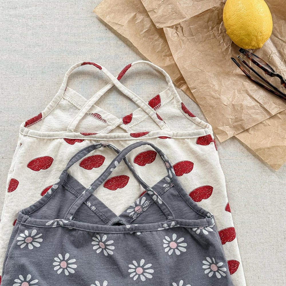 LumiLune Daisy Zomertop Meisje 0–6 Jaar | Bloemenprint Lippenprint Hemdje Katoen met Spaghetti Bandjes