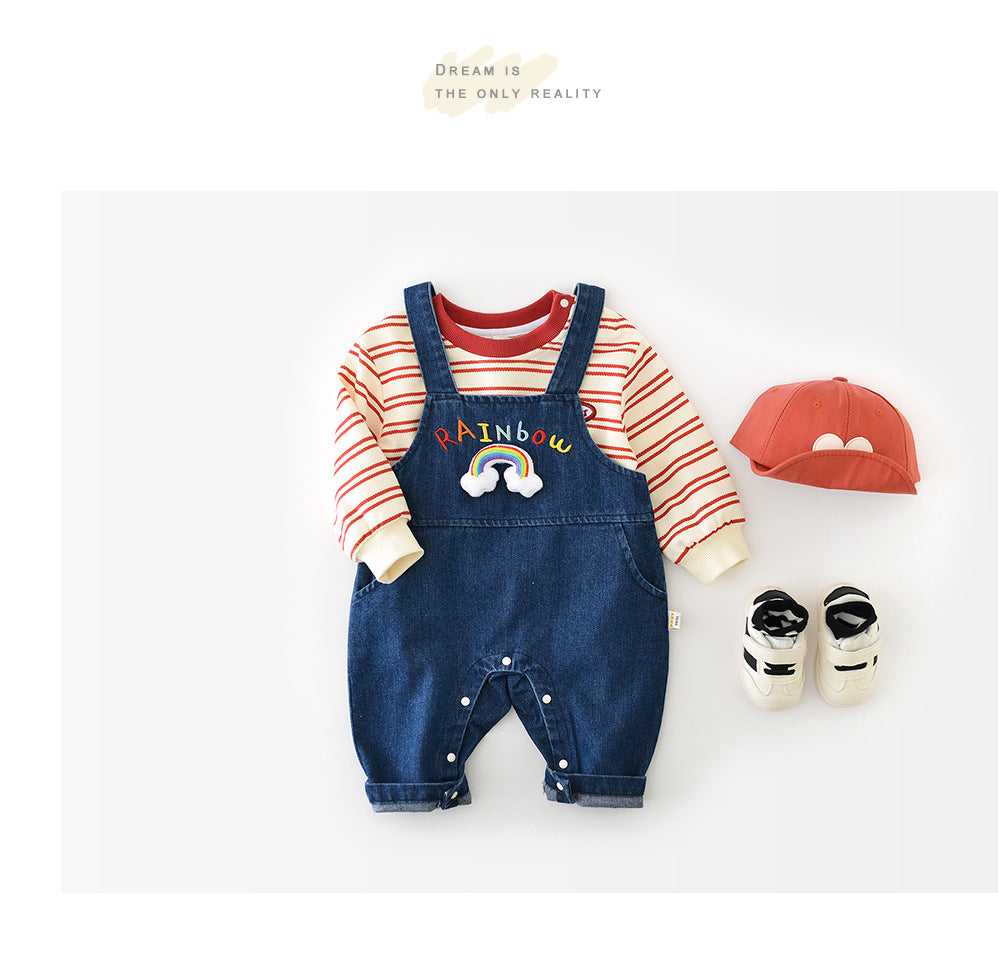 Tuinbroek met Regenboog - HappyHues Meisjes, Blauw, Katoen, Denim, Maat 0-3 Jaar