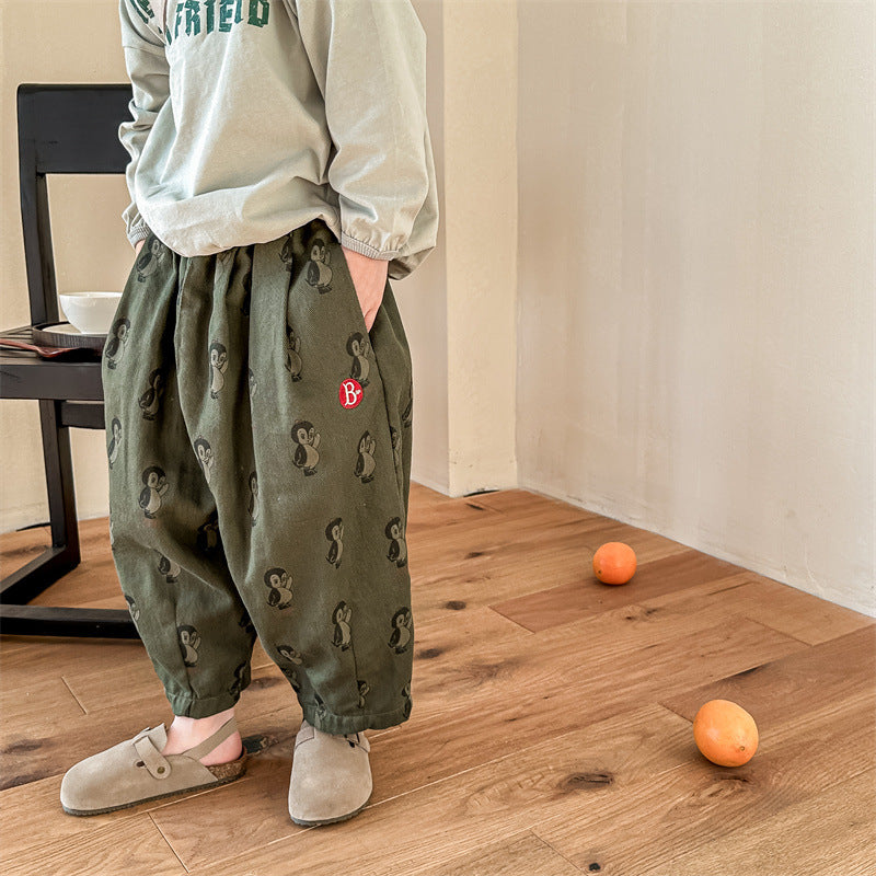Broek met Pinguïnprint - Woodsy Unisex, Beige/Groen, Katoen, Maat 0-6 Jaar