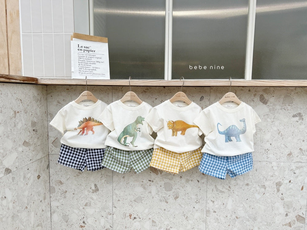 Mavino Dino Daze Set – Zomerset Peuter 1-7 Jaar – T-shirt + Ruitshort – 100% Katoen – Unisex – Dino Print