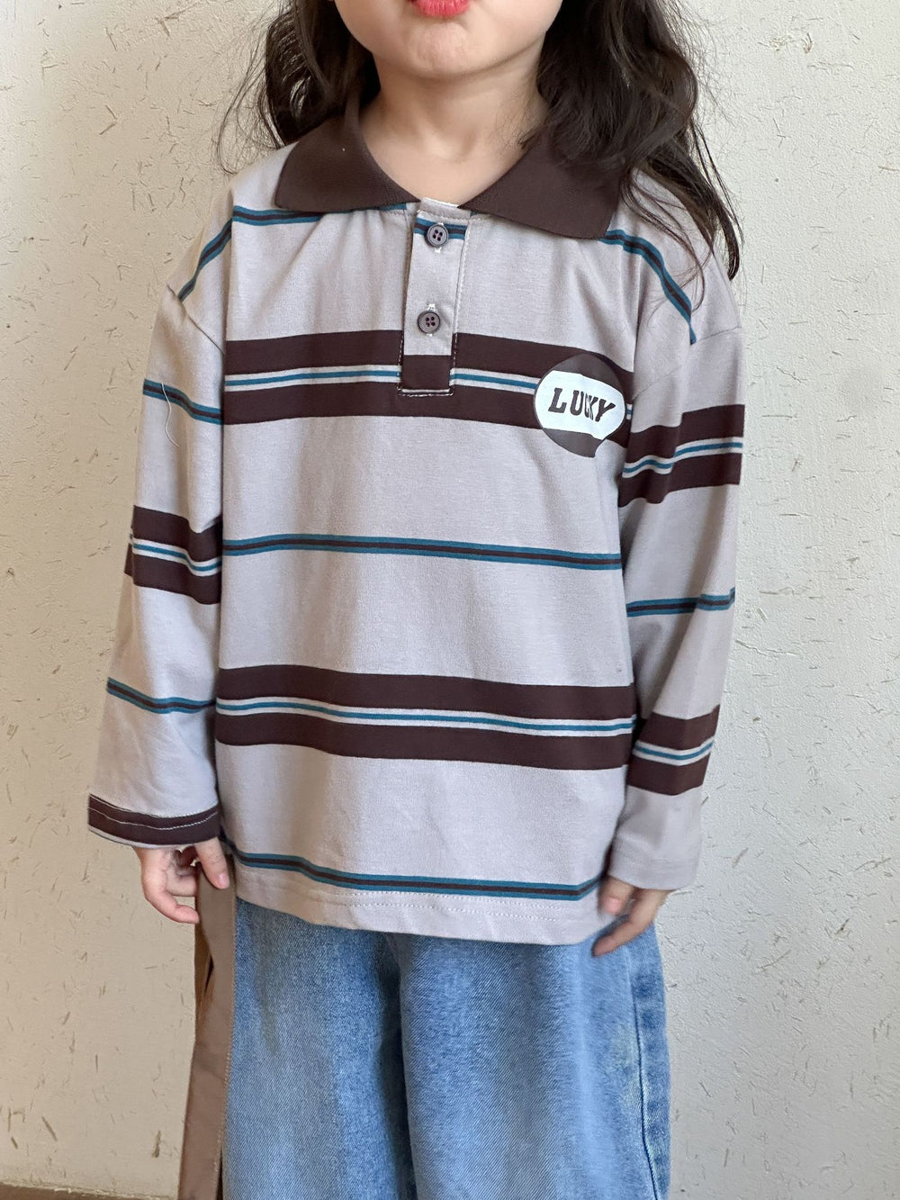 Polo met Strepen - LuckyStripe Unisex, Bruin/Grijs, Katoen, Maat 0-8 Jaar