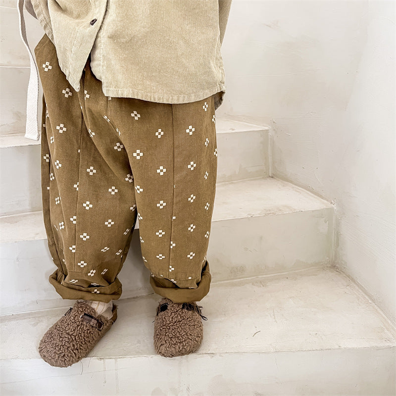 Baggy Broek met Print - Mila Bloomers Unisex, Bruin/Beige, Katoen, Linnen, Maat 0-6 Jaar