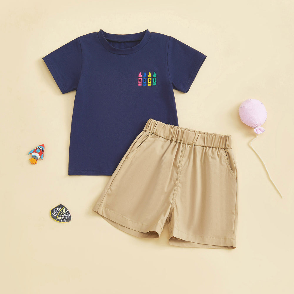 CrayonCool Zomerset Jongens | T-shirt met Krijtjesprint & Korte Broek | Katoen & Polyester | 18mnd–6jr | Donkerblauw of Lichtblauw