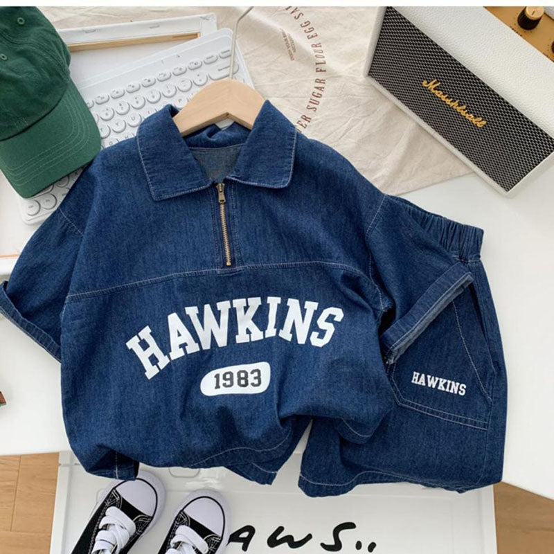 Denim set short + shirt - Hawkin Peuter Kleuter Kinderen, Blauw, Katoen, Maat 1-7 Jaar