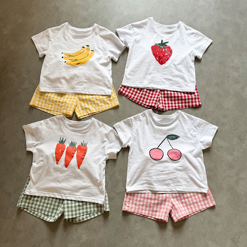 Frubino Fruit & Veggie Set – Zomer Kledingset Baby/Peuter/Kind 0-9 Jaar – T-shirt + Ruitshort – 100% Katoen – Unisex – Fruit Print