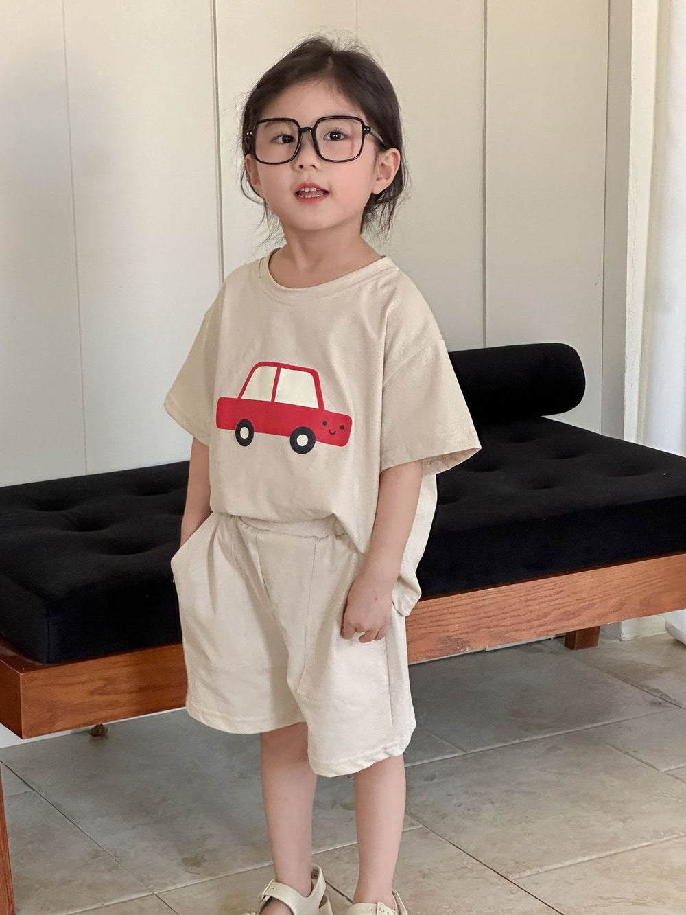T-shirt en Short Zomerset - VroomVibes Unisex, Blauw/Beige, Katoen, Maat 0-8 Jaar