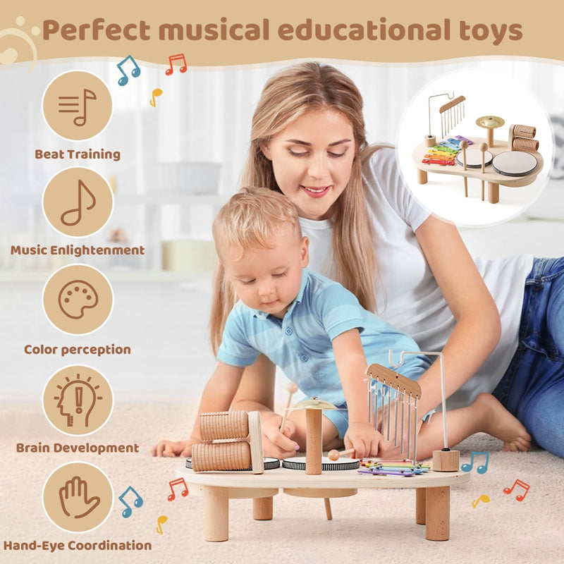 Houten Muziektafel - Educatief Muziekinstrument voor Kinderen, Inclusief Trommels, Xylofoon & Bekkens, +1 Jaar