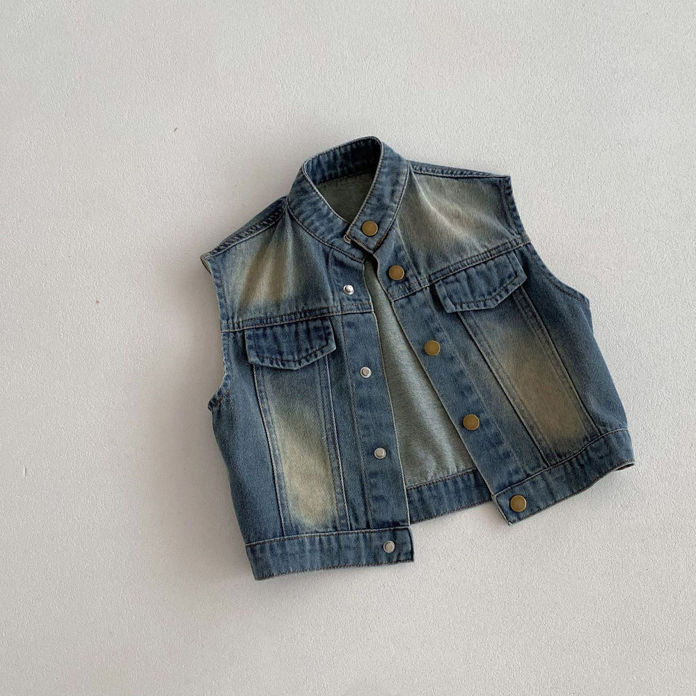Spijkergilet met Vintage Wassing - Denim Rebel Unisex, Blauw, Katoen, Denim, Maat 0-6 Jaar