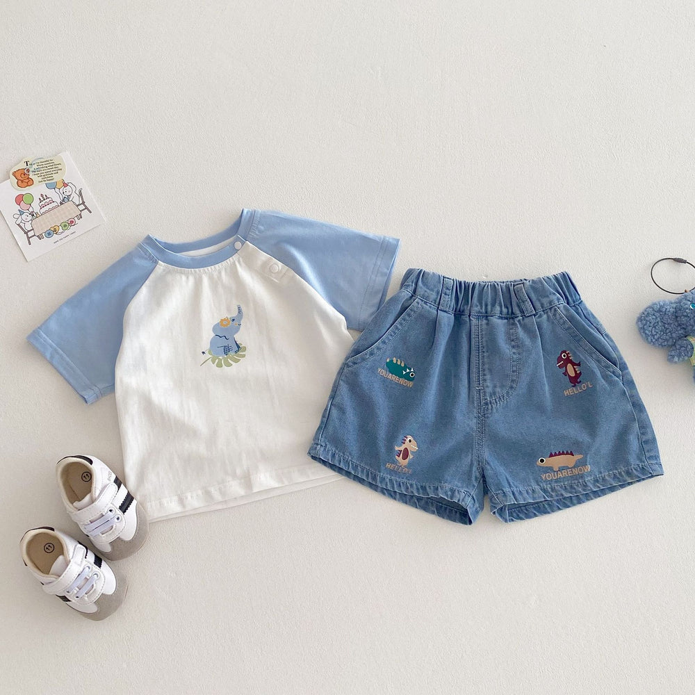 Korte Spijkerbroek Elastiek met Dinoprint - Baby Peuter Kleuter Kinderen, Lichtblauw, Katoen/Denim, Maat 0-5 Jaar