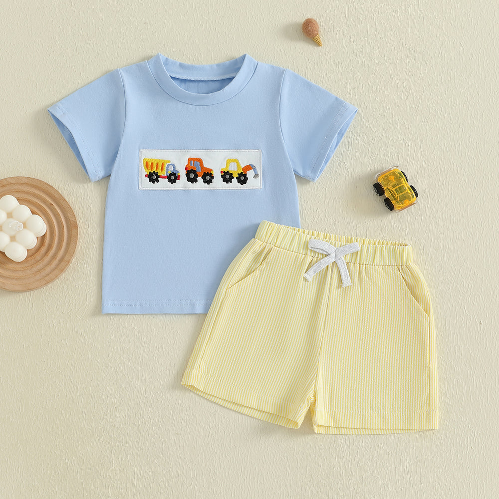 MiniMachines Zomerset Jongens | T-shirt met Bouwvoertuigen & Gestreepte Gele Short | Katoen & Polyester | 0–4 Jaar | Comfortabele Zomeroutfit