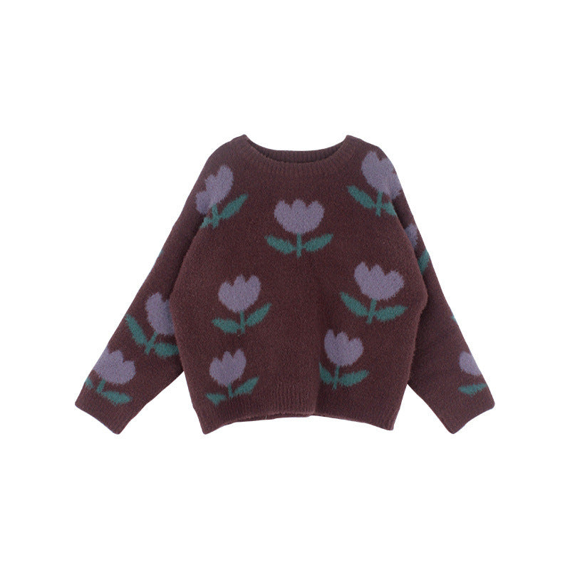 Printed Sweater - Tulips Girls, Brown, Cotton, Size 0-8 Years - More For Mini