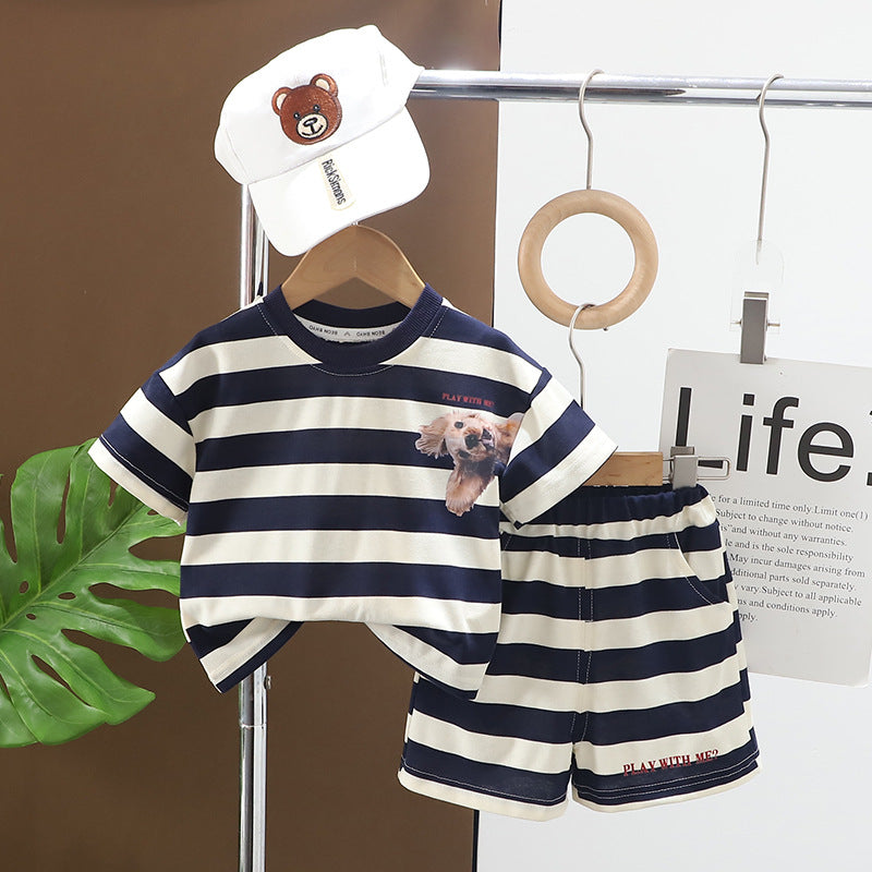 Zomer Gestreepte Kledingset T-shirt + Korte Broek Jogging - Baby Peuter Kleuter Kinderen Doggo Days, Bruin/Zwart, Katoen, Maat 0-5 Jaar