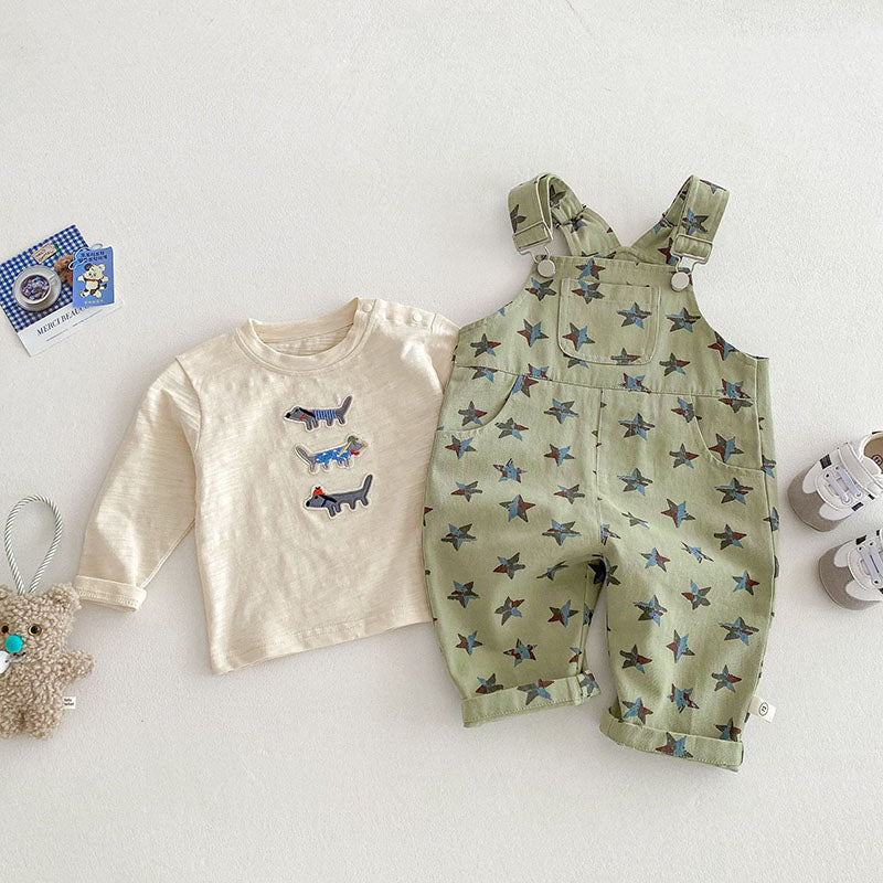 Tuinbroek met Sterren - Sterrenvanger Unisex, Beige/Groen, Katoen, Maat 0-5 Jaar