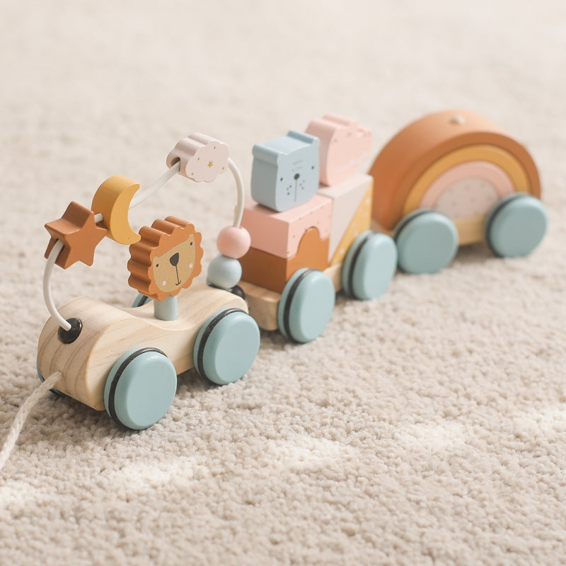 Houten Treintje met Dieren & Regenboog – Koppelbaar Speelgoedtrein voor Peuters, Duurzaam Hout, +1 Jaar