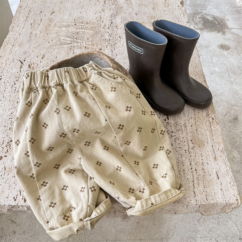 Baggy Broek met Print - Mila Bloomers Unisex, Bruin/Beige, Katoen, Linnen, Maat 0-6 Jaar