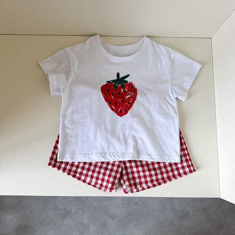 Frubino Fruit & Veggie Set – Zomer Kledingset Baby/Peuter/Kind 0-9 Jaar – T-shirt + Ruitshort – 100% Katoen – Unisex – Fruit Print