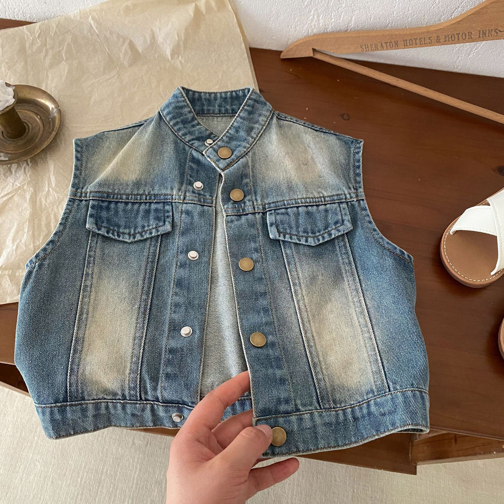 Spijkergilet met Vintage Wassing - Denim Rebel Unisex, Blauw, Katoen, Denim, Maat 0-6 Jaar