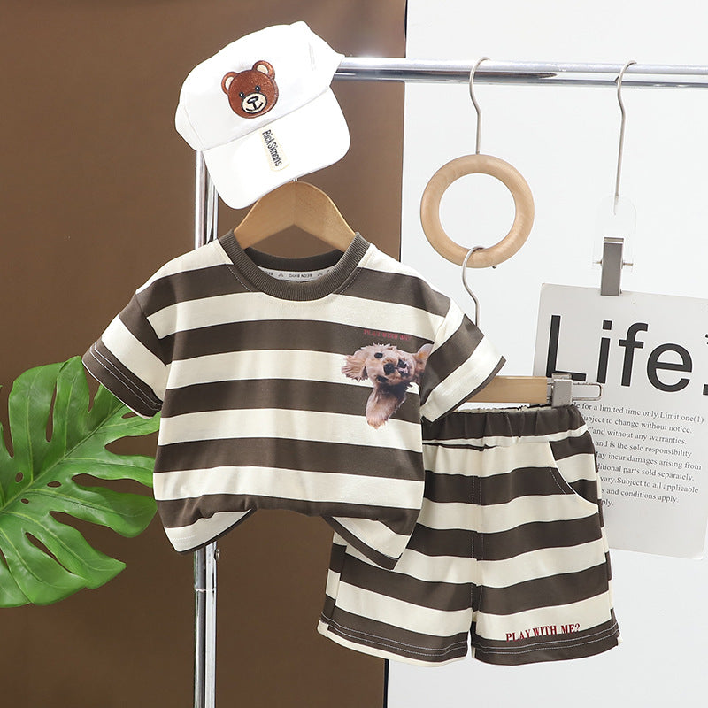 Zomer Gestreepte Kledingset T-shirt + Korte Broek Jogging - Baby Peuter Kleuter Kinderen Doggo Days, Bruin/Zwart, Katoen, Maat 0-5 Jaar