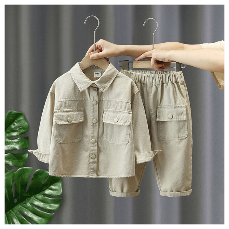 Set met Broek en Shirt - Little Explorer Unisex, Beige/Groen, Katoen, Maat 0-7 Jaar