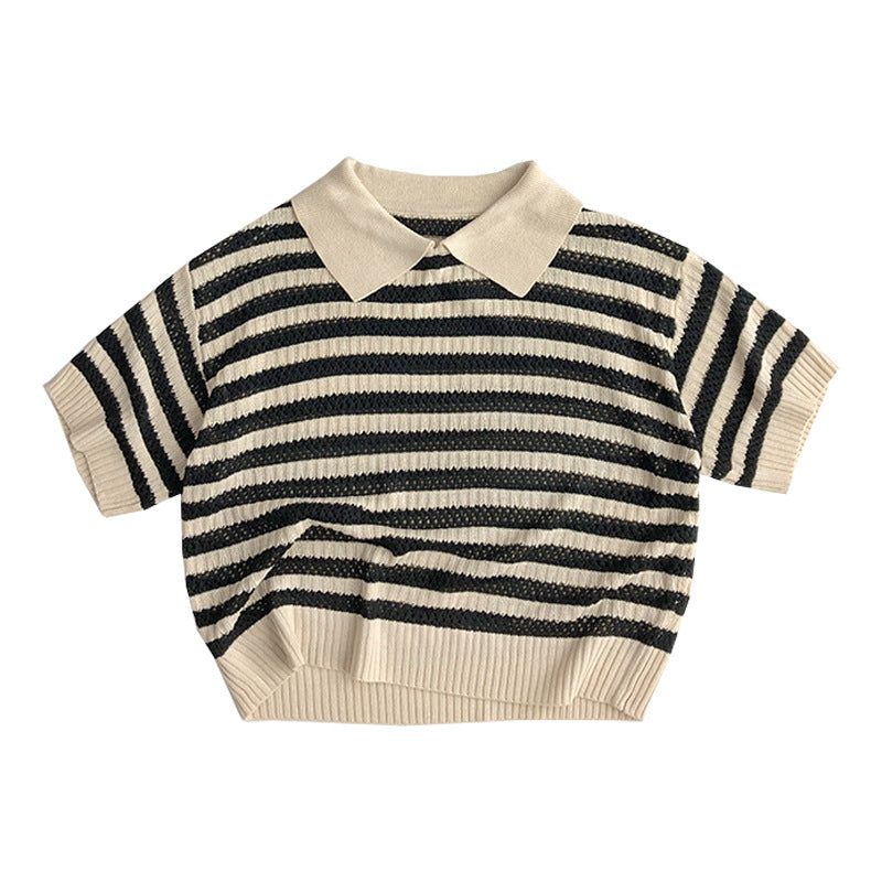 Gebreide Gestreepte Polo - Baby Peuter Kleuter Kinderen, Groen/Zwart Katoen, Maat 0-6 Jaar