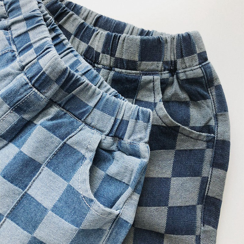 Nolu Checker Shorts – Kinderbroek Geruit Blauw – Unisex Zomershort Katoen – Elastische Taille – Maat 0-6 Jaar