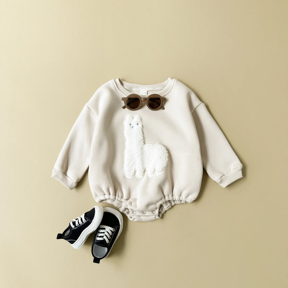 Bodysuit Romper met Lama print – Baby, Beige/Bruin, Katoen, Maat 0-1,5 Jaar-More For Mini