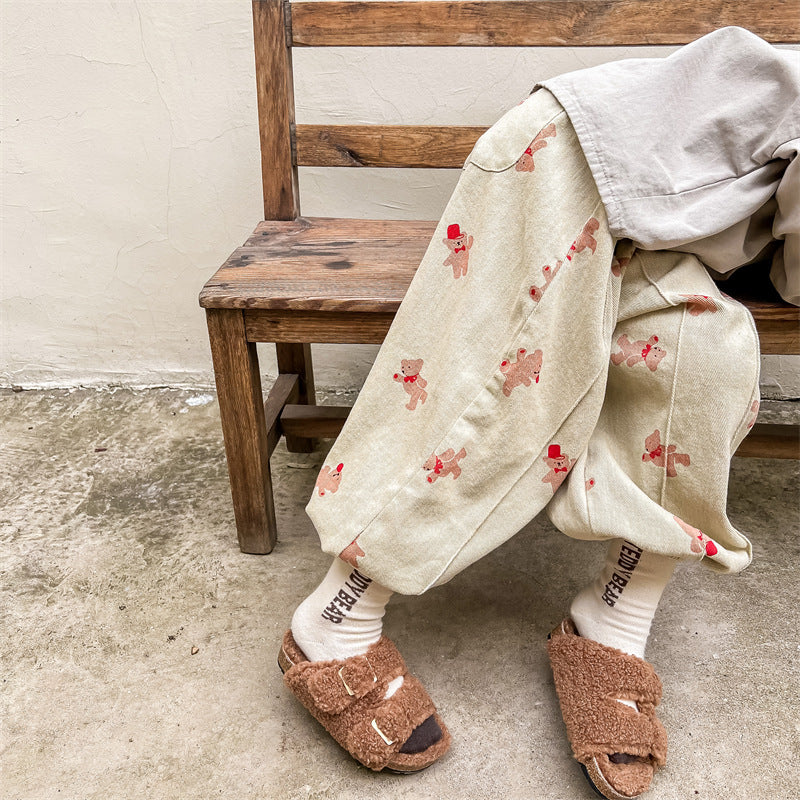 Baggy Broek met Berenprint - Bamboo Bear Unisex, Beige/Grijs, Katoen, Maat 0-6 Jaar