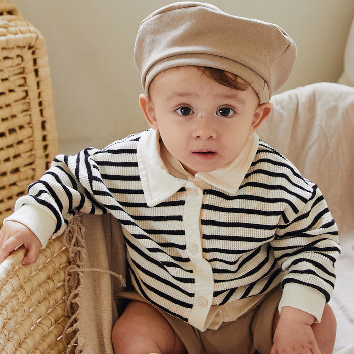 Cardigan - Little Chic Unisex, Beige/Blauw, Katoen, Maat 0-3 Jaar-More For Mini