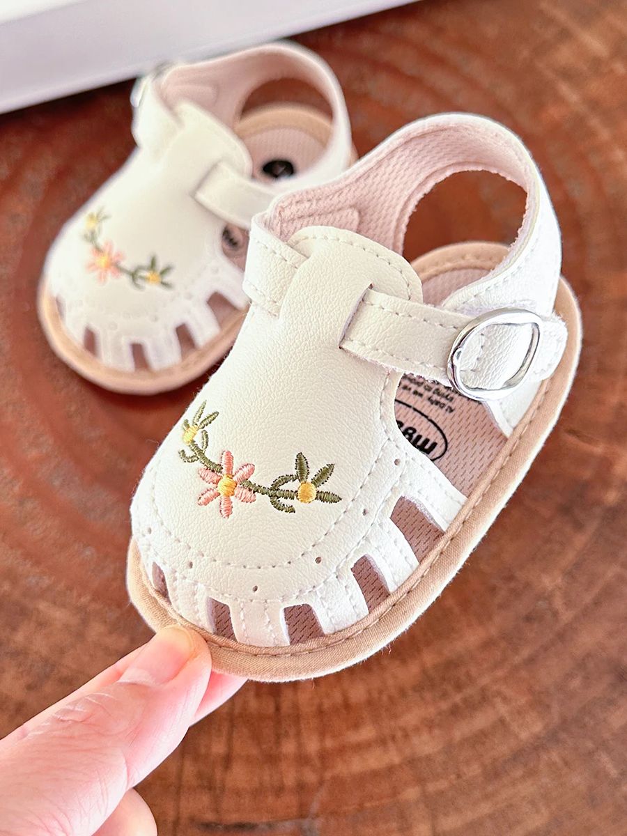 Baby Sandalen met Bloemenborduursel - Little Steps Meisjes, Zwart/Roze/Beige/Groen/Wit, Maat 0-2 Jaar